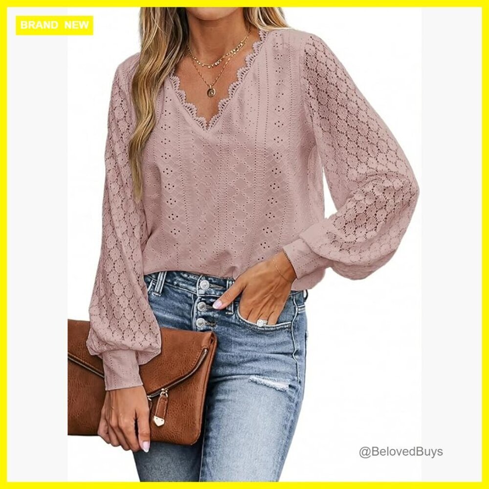 Long Sleeve Eyelet Lace V-Neck Blouse Loose Fit Peasant Top